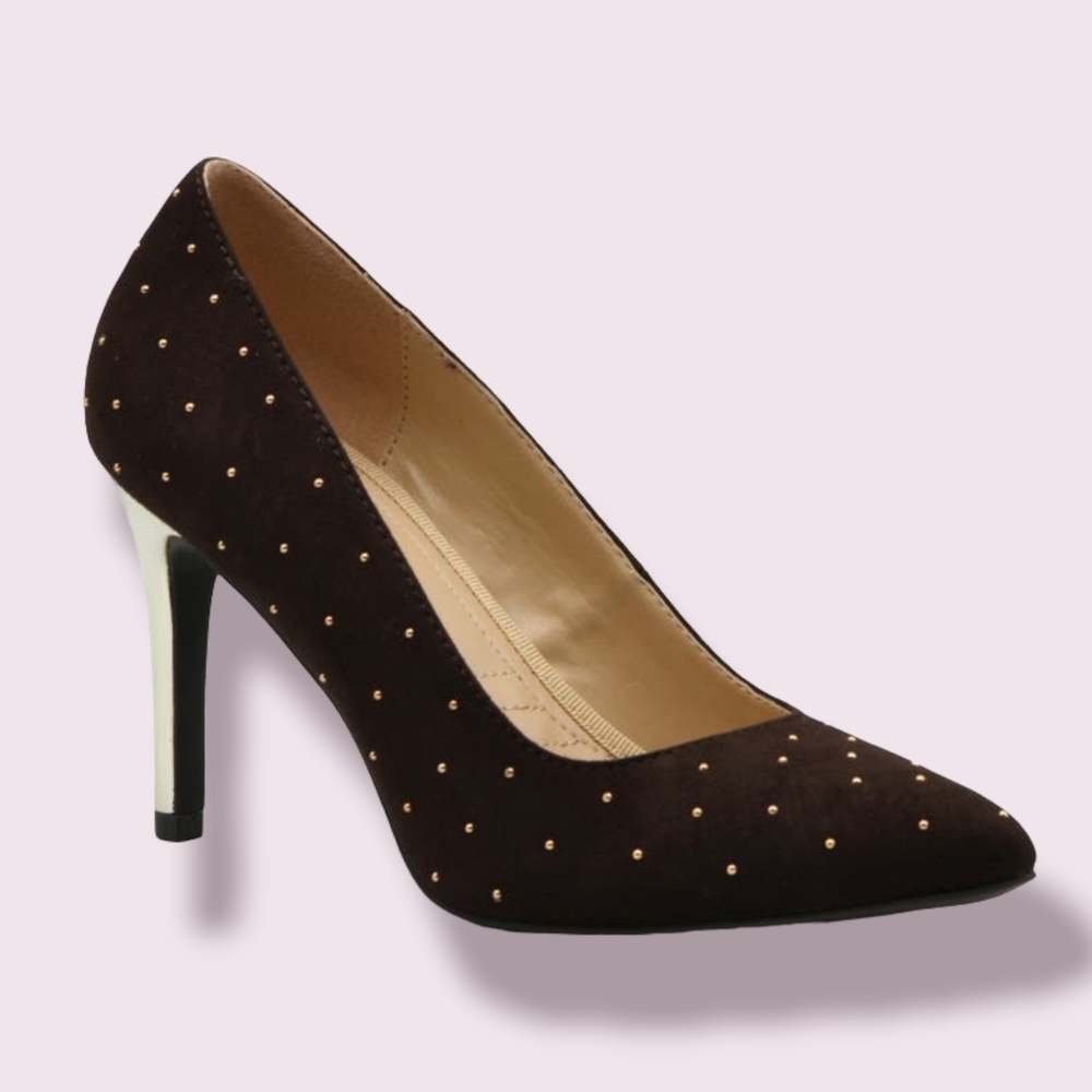 NEW Adrienne Vittadini Naji Dark Brown Gold Heeled Studded Pump Size 9